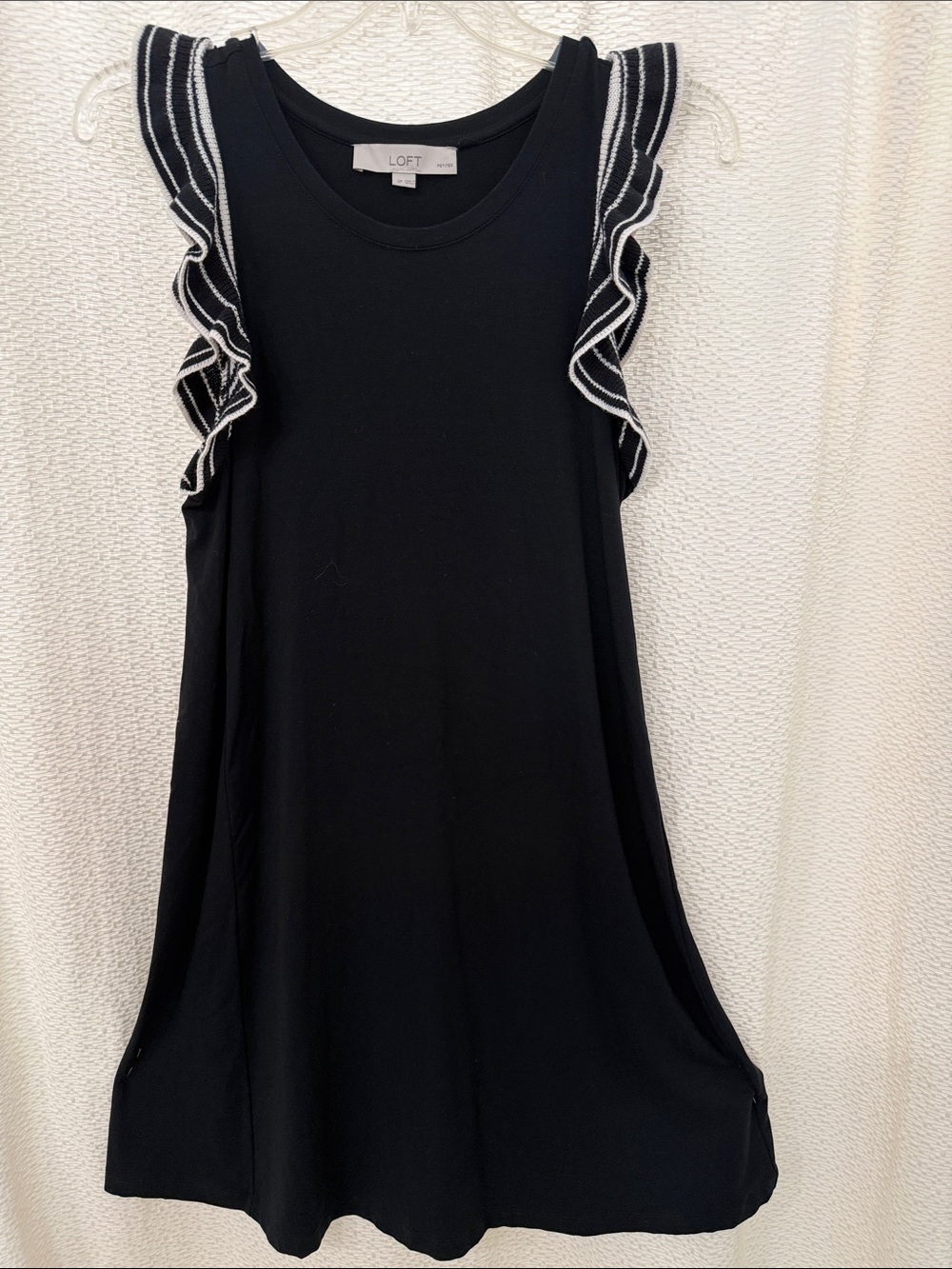 LOFT Black Midi Dress with Striped Ruffle Sleeves